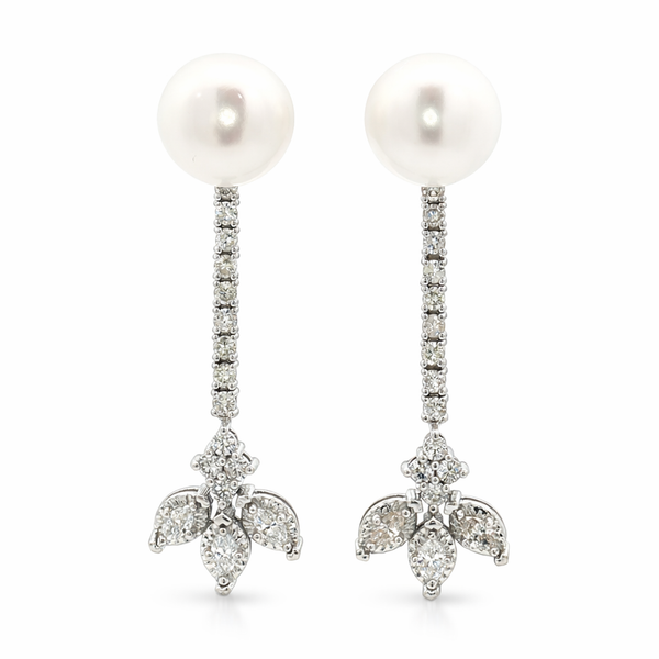14K White Gold Pearl & Diamond Drop Earrings – Long Diamond Dangle Earrings - LA DIAMOND
