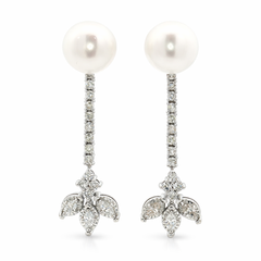 14K White Gold Pearl & Diamond Drop Earrings – Long Diamond Dangle Earrings