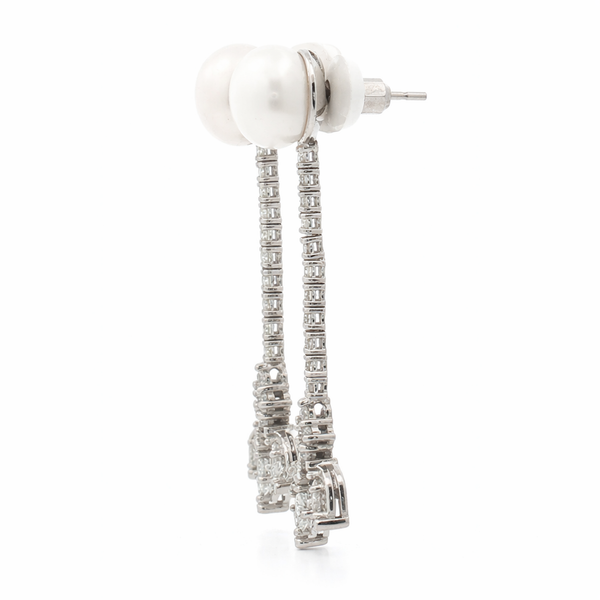 14K White Gold Pearl & Diamond Drop Earrings – Long Diamond Dangle Earrings - LA DIAMOND