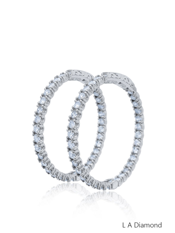 14K White Gold Round Diamond Hoop Earrings (2.50 ct) - LA DIAMOND