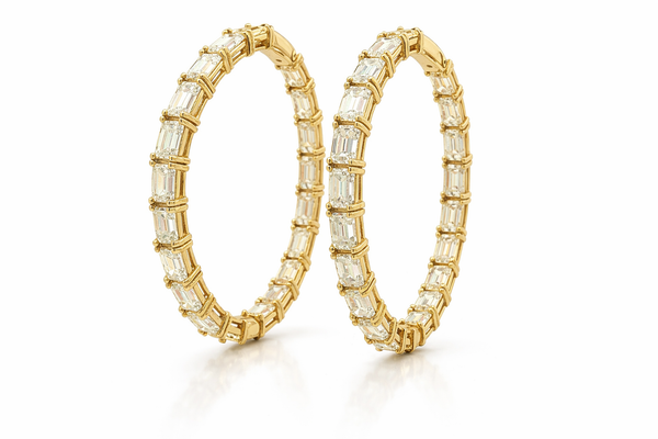 12.50 Carat Emerald Cut Lab Grown Diamond “In & Out” Hoop Earrings in 14K White or Yellow Gold - LA DIAMOND