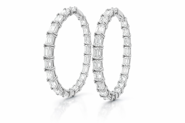 12.50 Carat Emerald Cut Lab Grown Diamond “In & Out” Hoop Earrings in 14K White or Yellow Gold - LA DIAMOND
