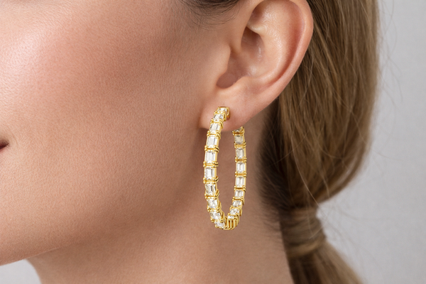 12.50 Carat Emerald Cut Lab Grown Diamond “In & Out” Hoop Earrings in 14K White or Yellow Gold - LA DIAMOND