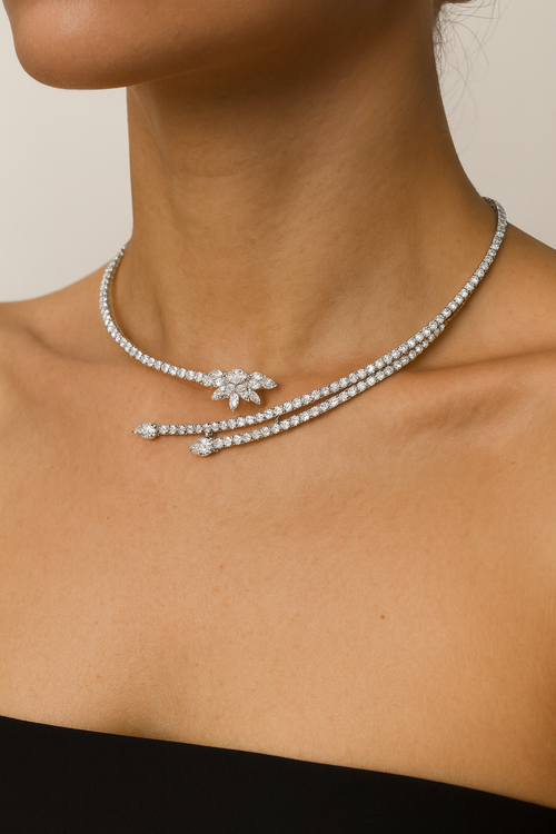 18K White Gold Double Wrap Diamond Collar Necklace – 7.85 Carat Statement Choker, Marquise Cluster Centerpiece, Luxury Evening & Bridal Jewelry - ND475