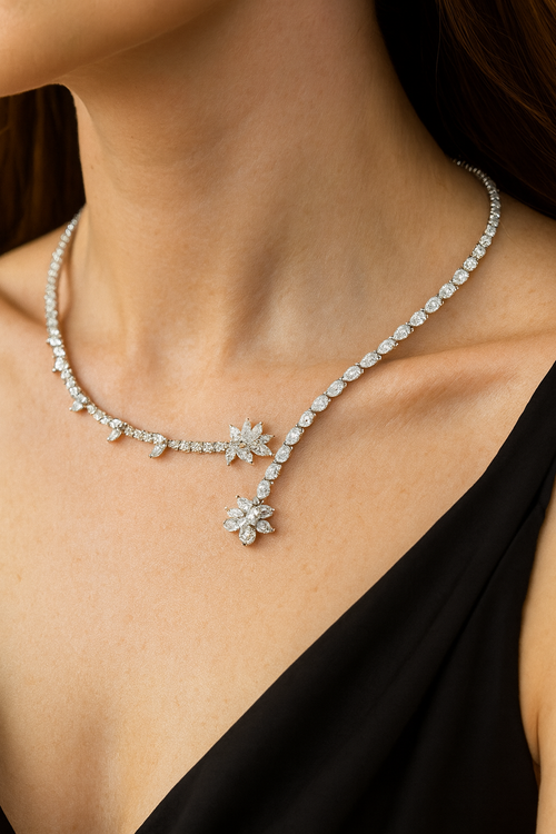 18K White Gold Marquise Drop Diamond Collar Necklace – 12.11 Carat Y-Shaped Statement Choker, Luxury Bridal & Evening Fine Jewelry - nd476