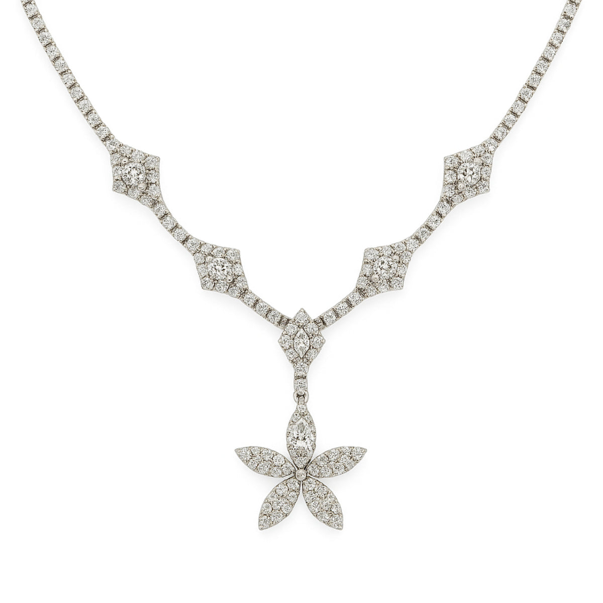 6.60 Ct. T.w. Diamond Tennis Necklace with Fancy Flower Pendant set in 18k White Gold