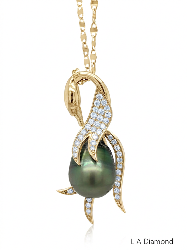 14K White Gold Diamond & Pearl Pendant (0.95 ct) - Swan Pendant - PC17 - LA DIAMOND