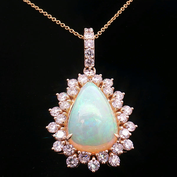 Elegant 14K Yellow Gold Opal & Diamond Pear Halo Pendant Necklace | 15.08 CT Opal, 5.30 CT Diamonds - LA DIAMOND