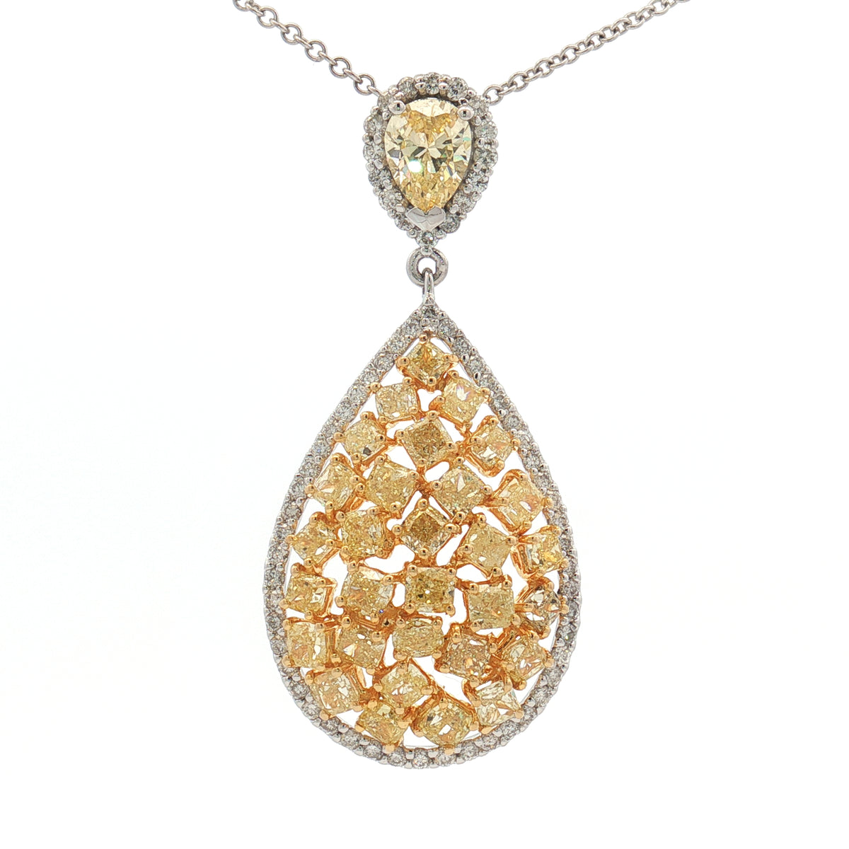 Fancy Yellow Diamond Tear Drop Pendant Set in 14k White Gold