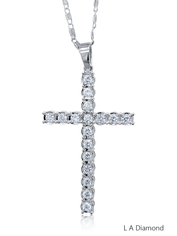 14K White Gold Round Cut Diamond Cross Pendant Necklace (4.50 ct) - LA DIAMOND
