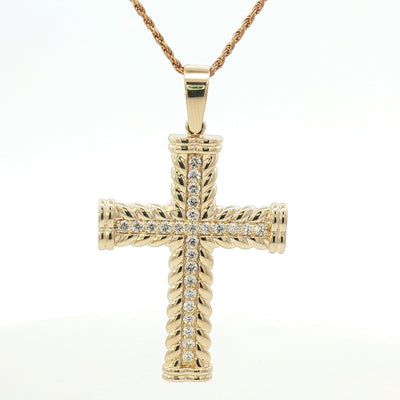 14K Gold Twisted Rope Diamond Cross Pendant