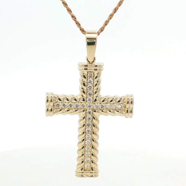 14K Gold Twisted Rope Diamond Cross Pendant