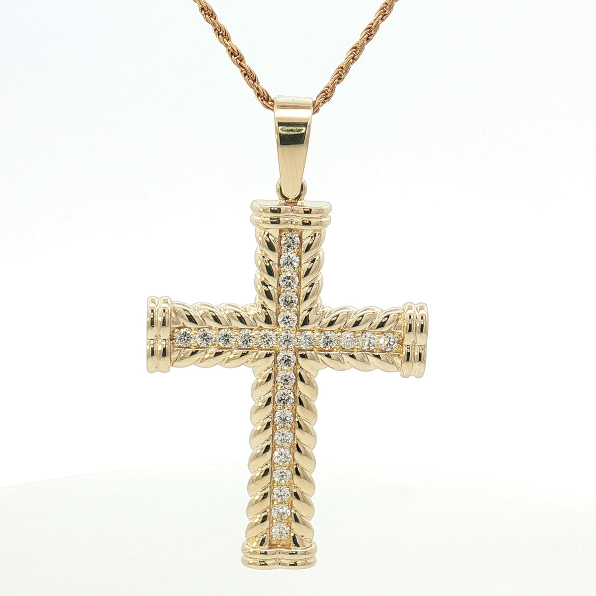 14K Gold Twisted Rope Diamond Cross Pendant