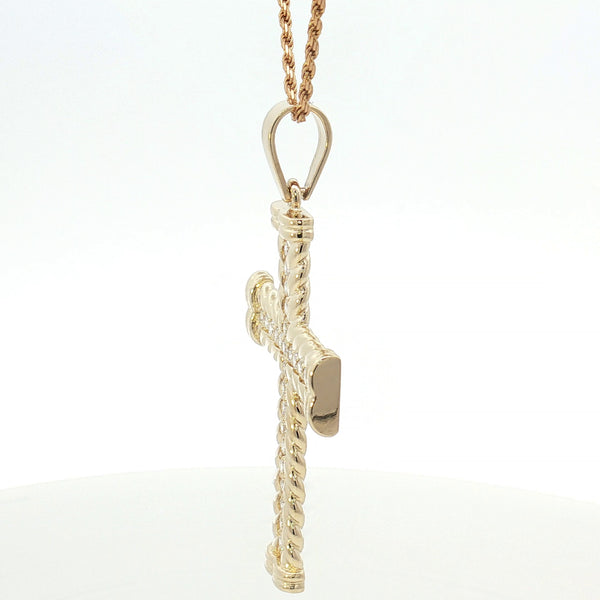14K Gold Twisted Rope Diamond Cross Pendant
