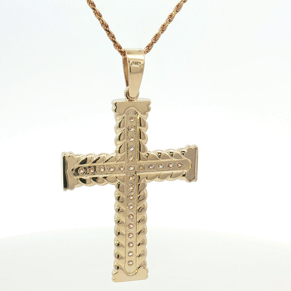 14K Gold Twisted Rope Diamond Cross Pendant