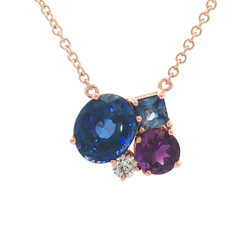14K Rose Gold Multi-Gemstone Pendant Necklace | Blue Sapphire, Amethyst & Diamond Cluster | Unique Gemstone Necklace - LA DIAMOND