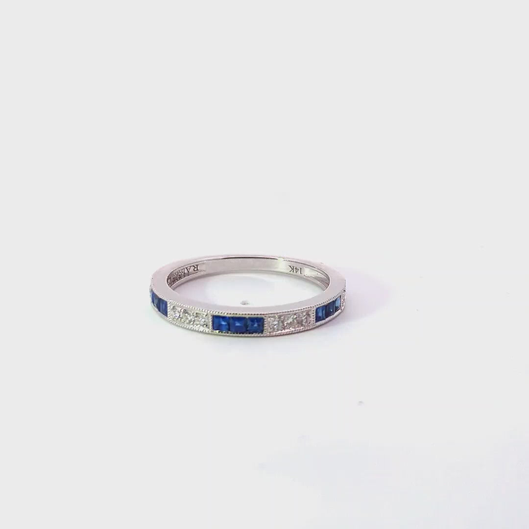 14K White Gold Blue Sapphire & Diamond Band Ring