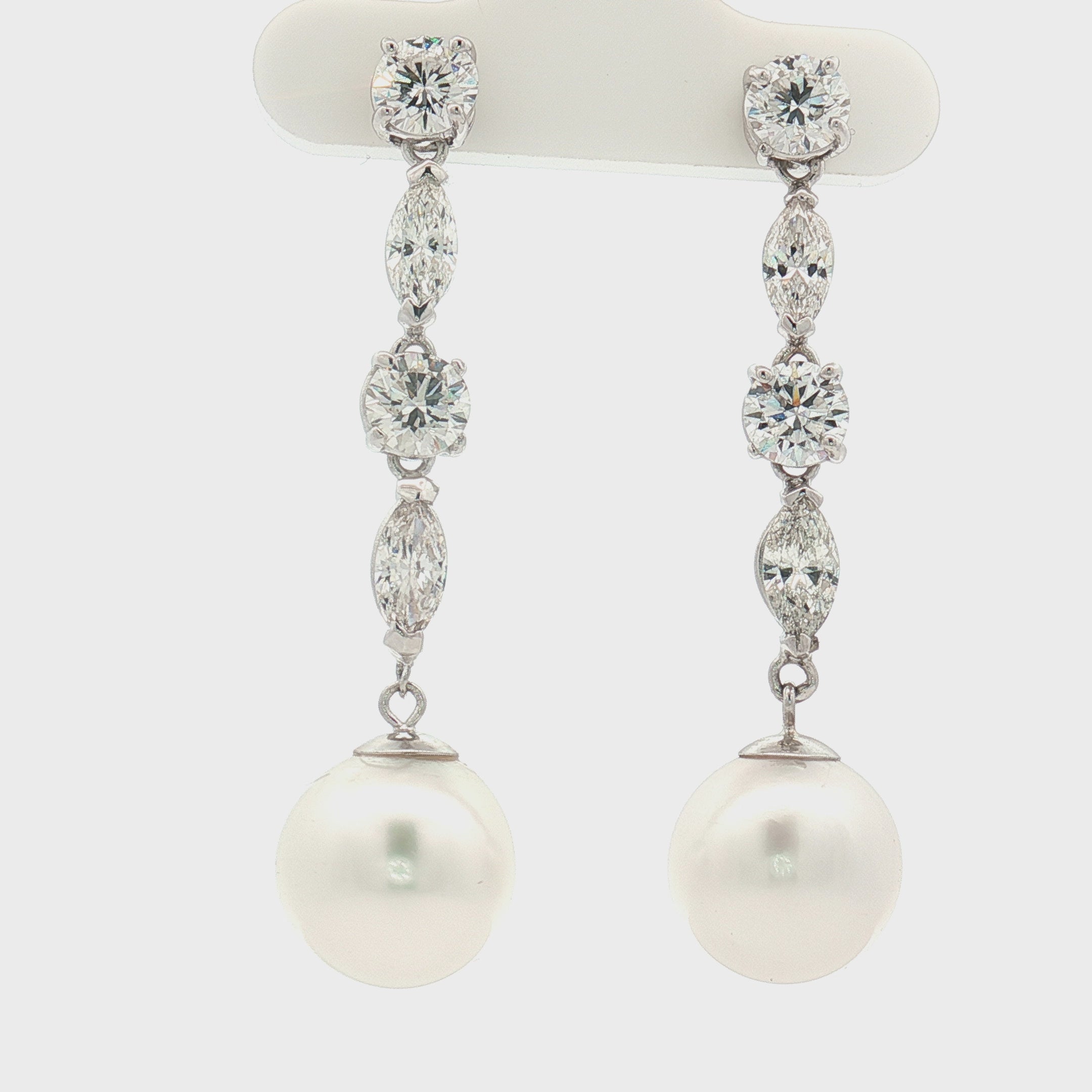 14K White Gold Diamond & Pearl Drop Earrings with Round and Marquise Diamonds | Elegant Dangle Design