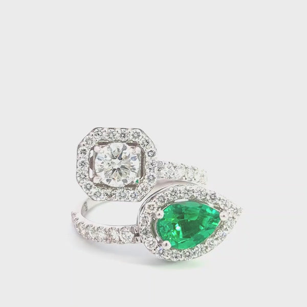 Two-Stone Open Diamond & Emerald Ring (14K White Gold)
