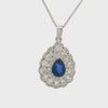Pear Shape Blue Sapphire & Diamond Halo Pendant Necklace | Elegant Pear Drop Design