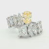 Two-Stone Fancy Yellow Oval & Princess Cut Diamond Ring in 14K White Gold | Marquise Accent Diamonds | Designer Statement Band
