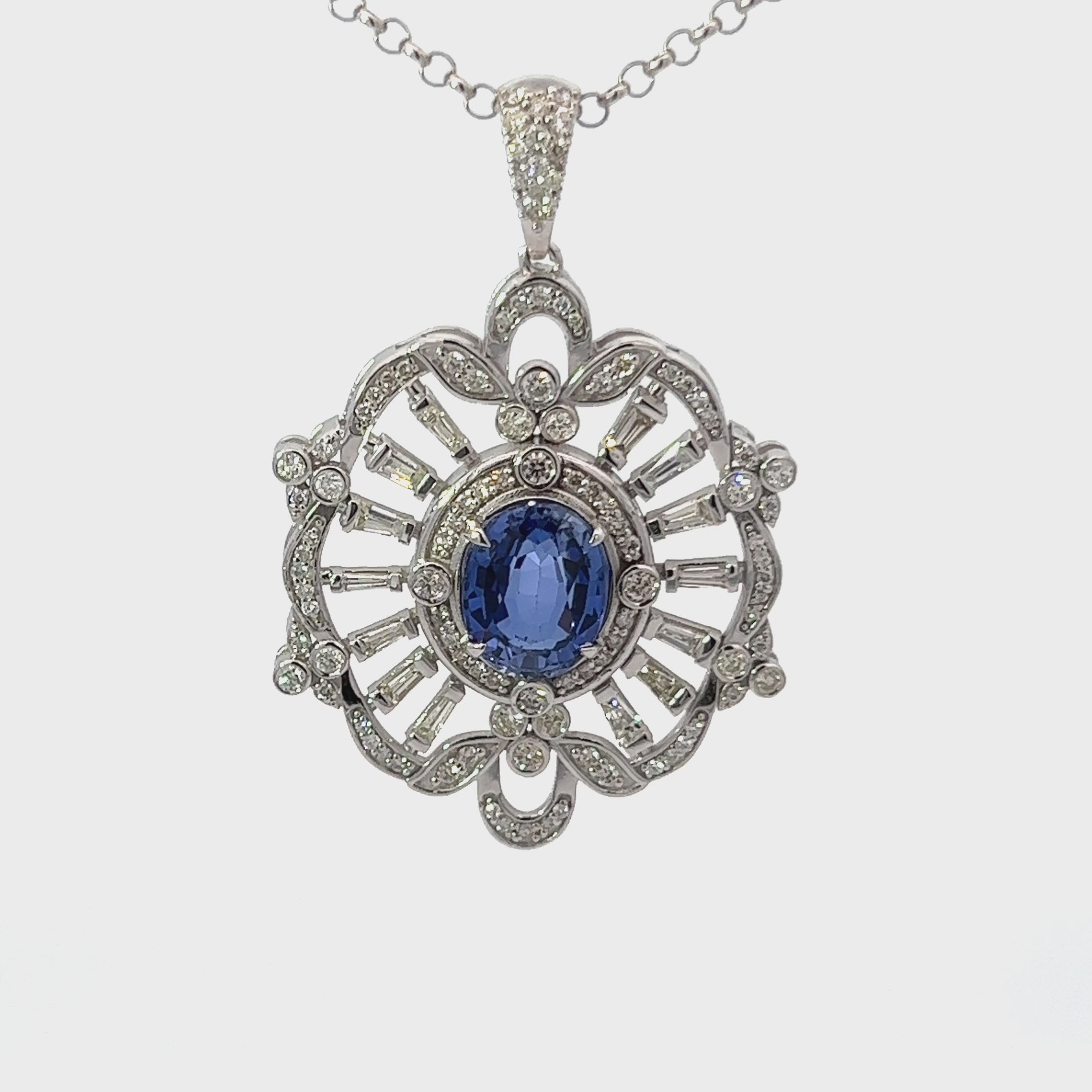 18K White Gold Diamond & Blue Sapphire Center Round-Cut Pendant