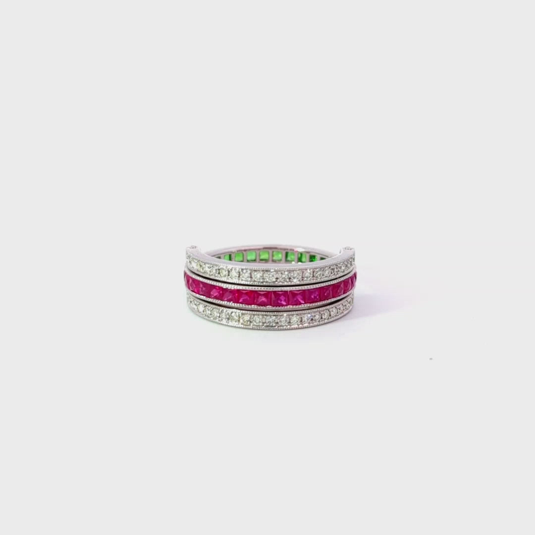 Diamond and Emerald Flip Ring set in 14k White Gold