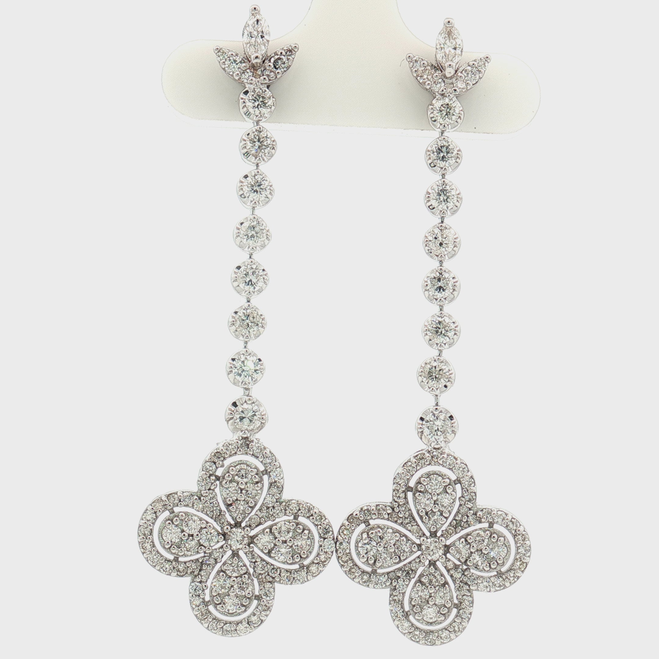 14K White Gold Diamond Long Drop Earrings | 2.95 CT Diamond Floral Dangle Design