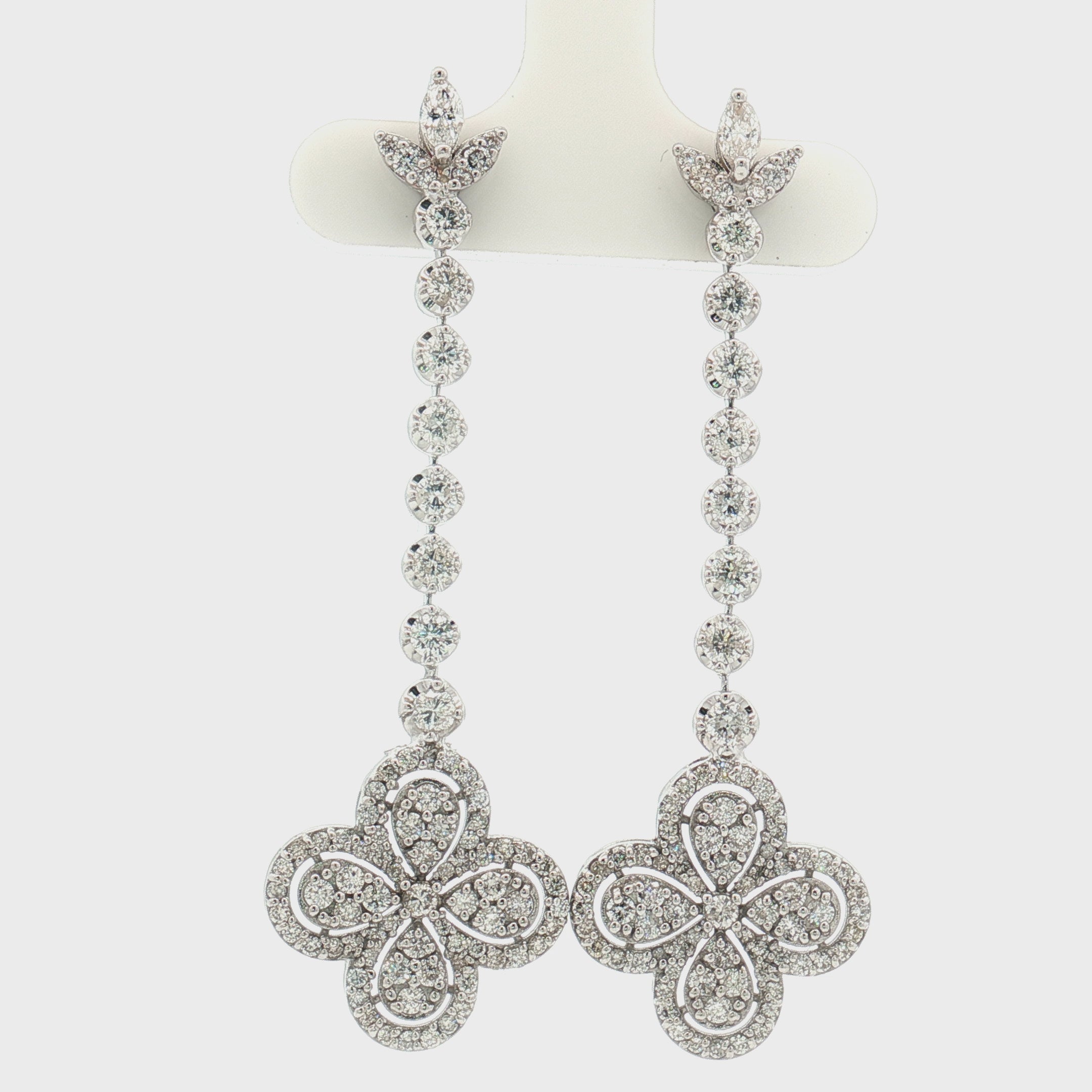 14K White Gold Diamond Long Drop Earrings | 2.95 CT Diamond Floral Dangle Design
