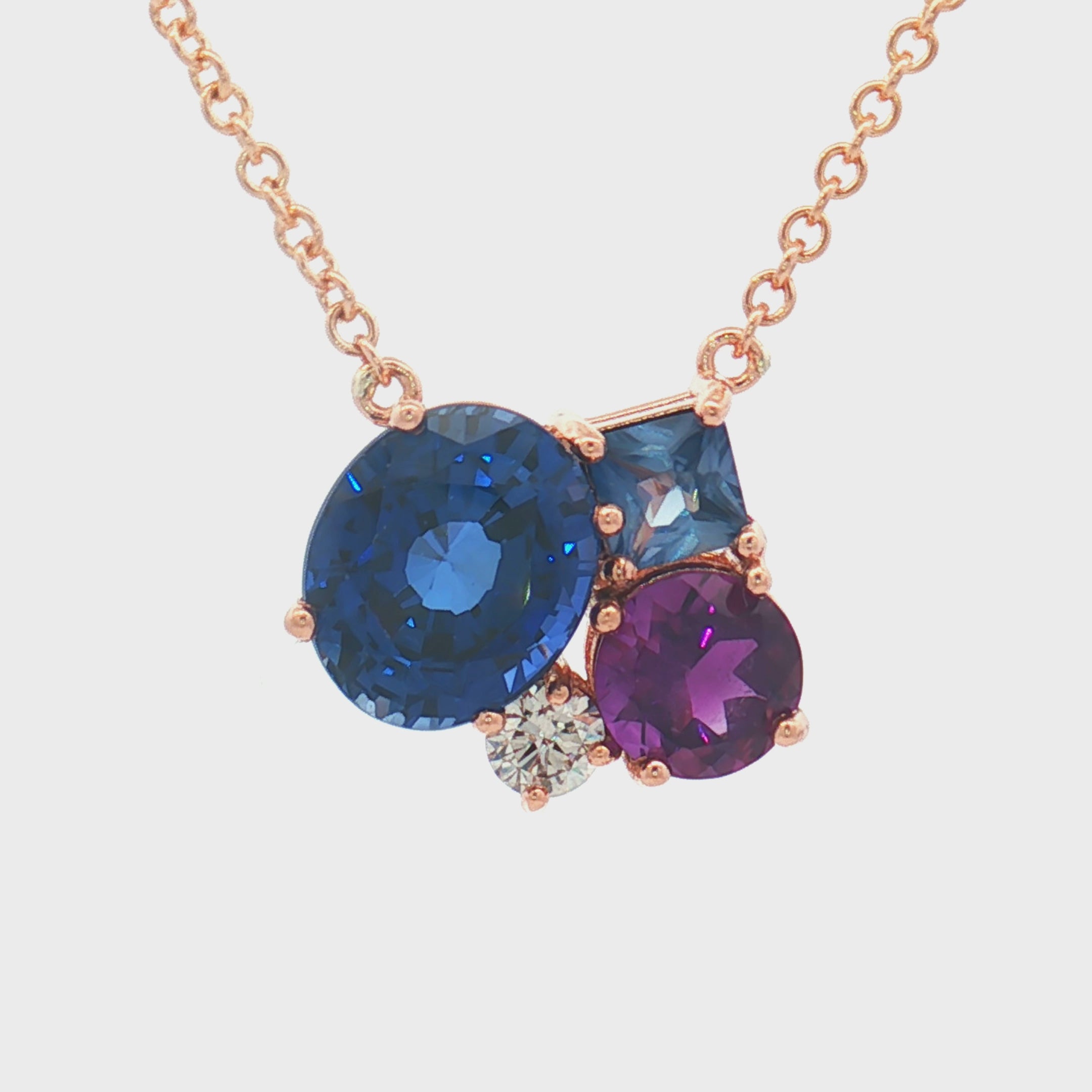 14K Rose Gold Multi-Gemstone Pendant Necklace | Blue Sapphire, Amethyst & Diamond Cluster | Unique Gemstone Necklace