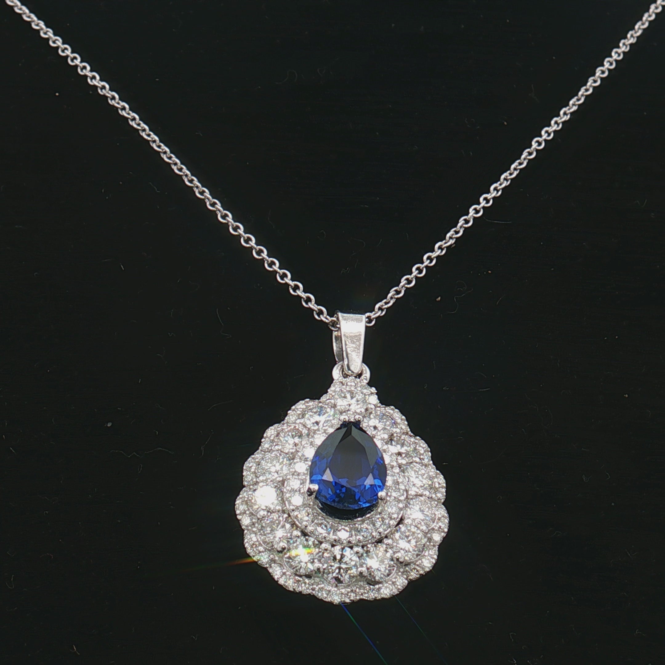 Pear Shape Blue Sapphire & Diamond Halo Pendant Necklace | Elegant Pear Drop Design