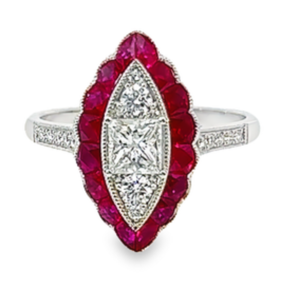 14k White Gold Diamond Princess Cut With Ruby Stone Ring .88c