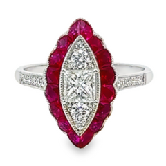 14k White Gold Diamond Princess Cut With Ruby Stone Ring .88c