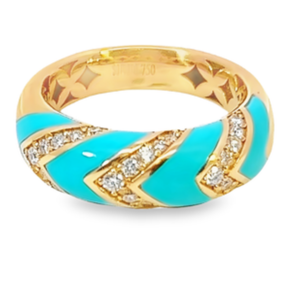 18k Rose Gold Diamond Round Cut Turquoise Stone Ring .35c