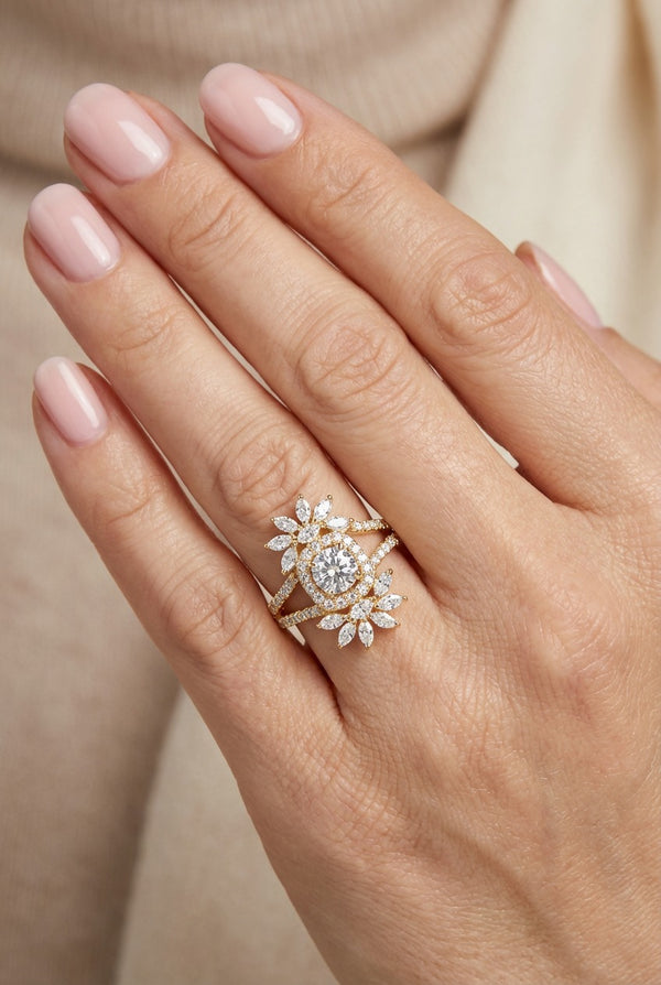 14K White Gold Round + Marquise Diamond Halo Ring (1.03 ct)