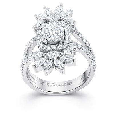 14K White Gold Round + Marquise Diamond Halo Ring (1.03 ct)