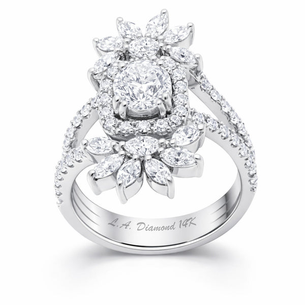14K White Gold Round + Marquise Diamond Halo Ring (1.03 ct)