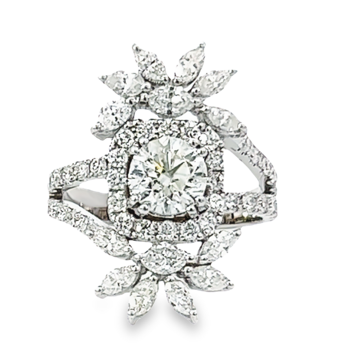14k White Gold Diamond With Halo Round And Marquise Cut Ring 1.03c