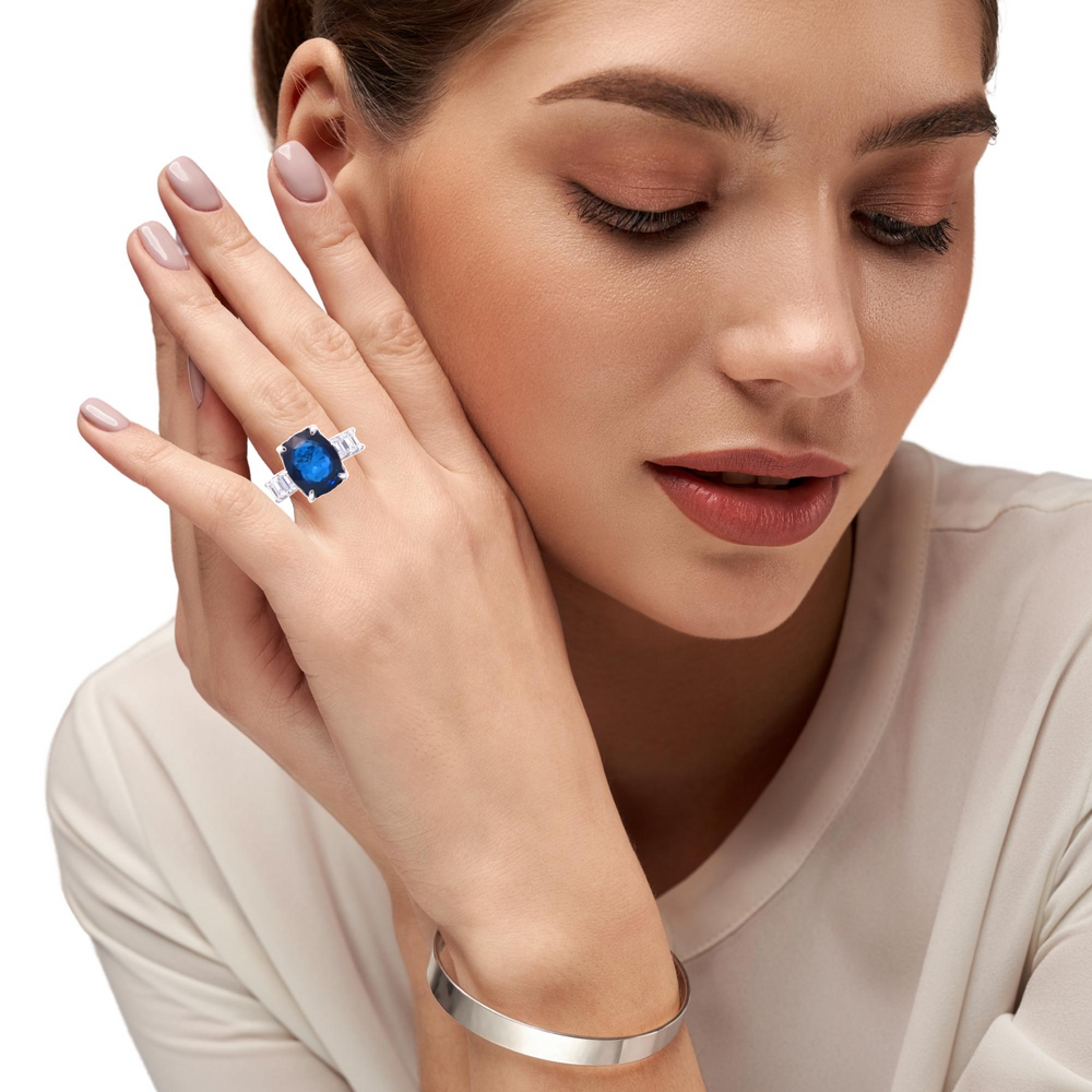 14k White Gold Diamond Blue Sapphire Emerald Cut Ring 1.26 ct (Color F Clarity VS1)
