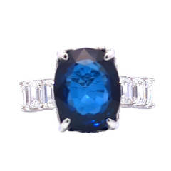 14k White Gold Diamond Blue Sapphire Emerald Cut Ring 1.26 ct (Color F Clarity VS1)