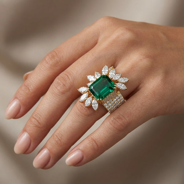 18K White Gold Diamond with Emerald-Cut Emerald Center Ring - RC89-3