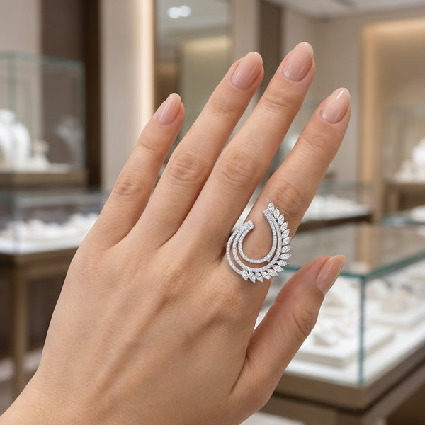 14K White Gold Elegant Feathered Diamond Ring (1.29 ct) - LA DIAMOND