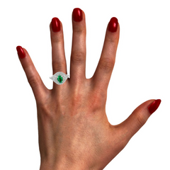 14k White Gold Diamond Round And Oval Cut Emerald Center Stone Ring .95c