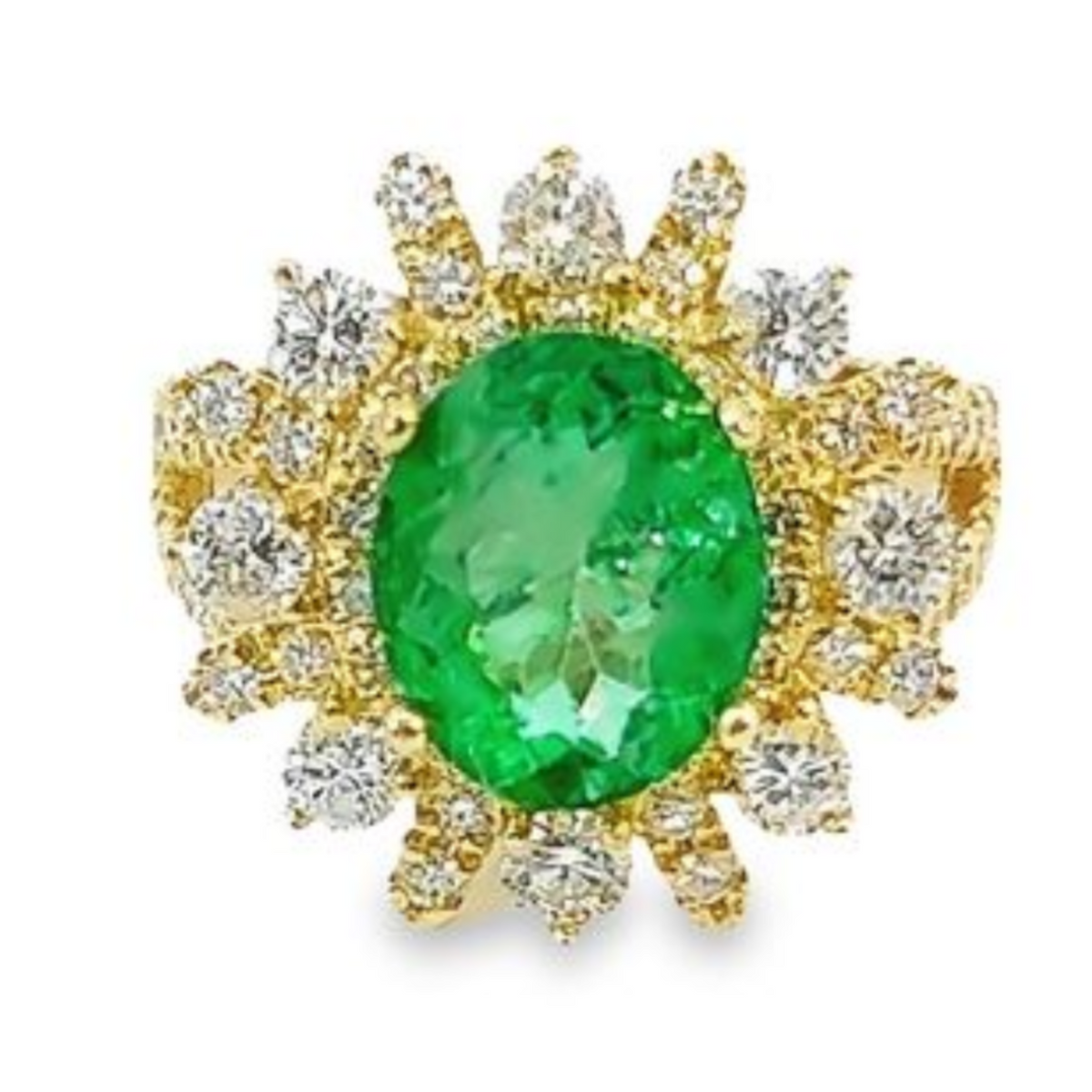 14k Yellow Gold Diamond Emerald Stone Round Cut Ring 3.62c
