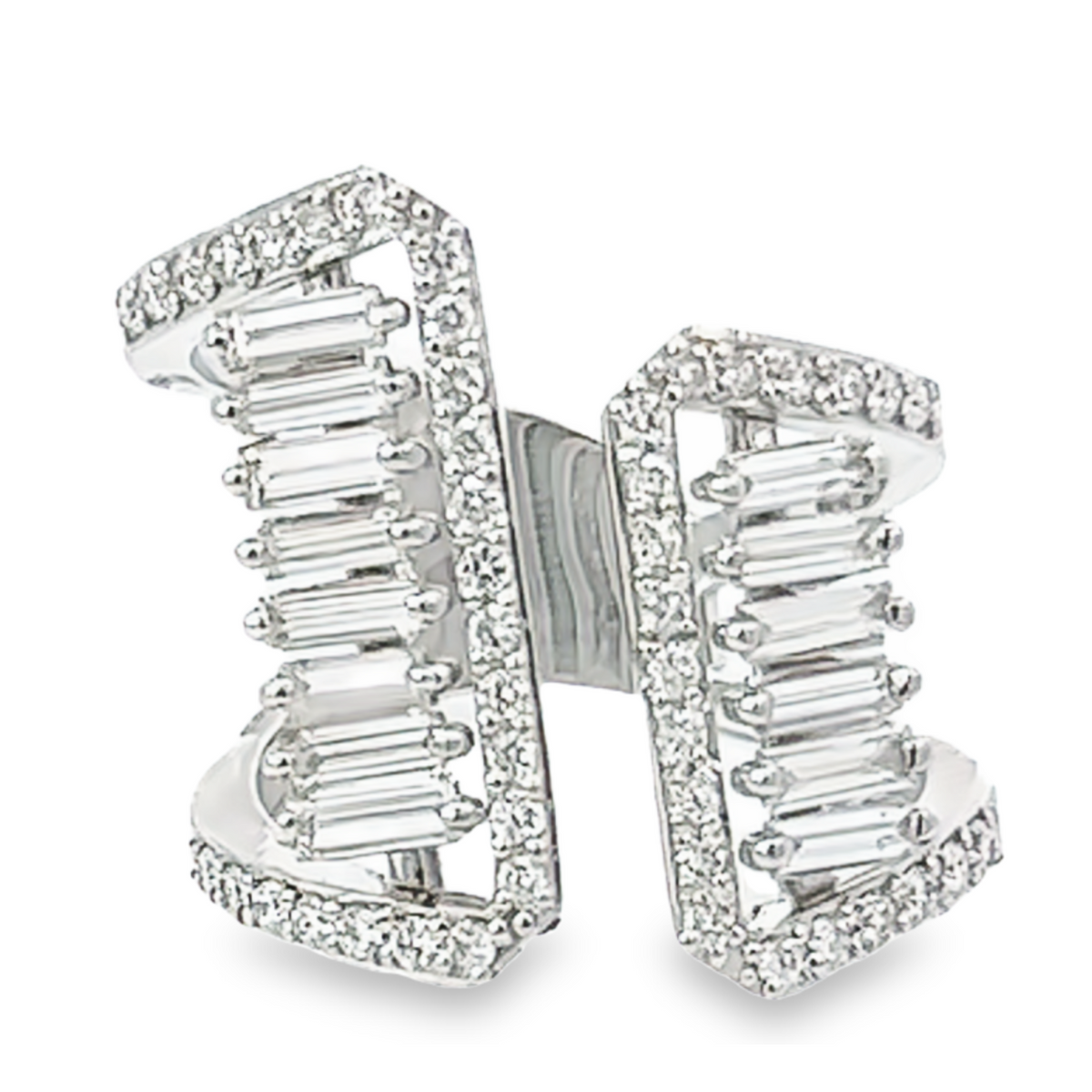 18K White Gold Diamond Round And Baguette Cut Statement Ring .66c