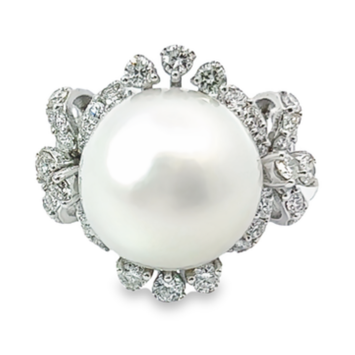 14k White Gold Diamond And Round Fresh Water Pearl Engagement Ring 2.50c
