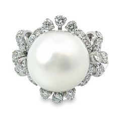 14k White Gold Diamond And Round Fresh Water Pearl Engagement Ring 2.50c