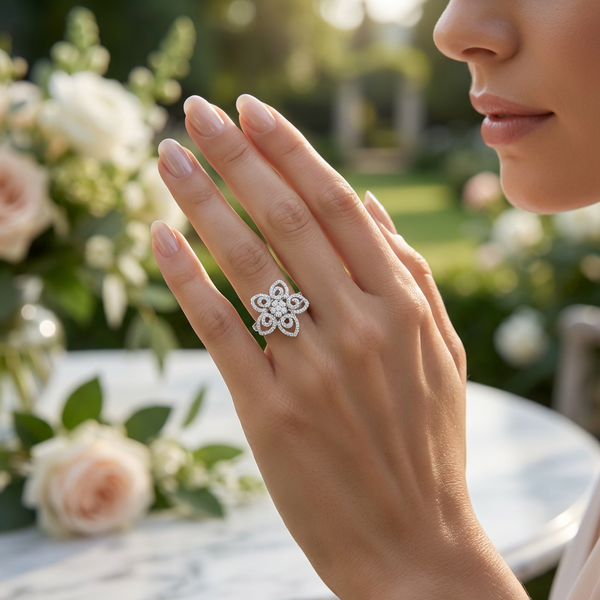 14K White Gold Flower Diamond Ring - LA DIAMOND