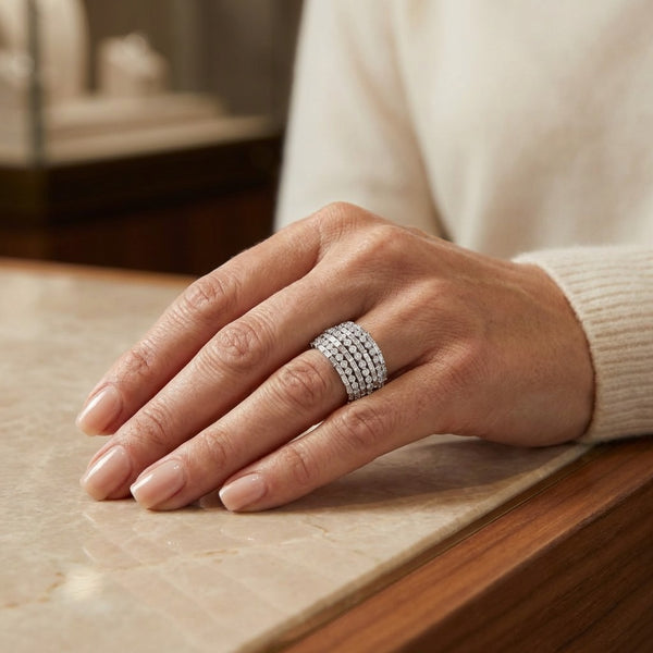 18K White Gold Round & Baguette 7-Row Diamond Ring (4.43 ct) - LA DIAMOND