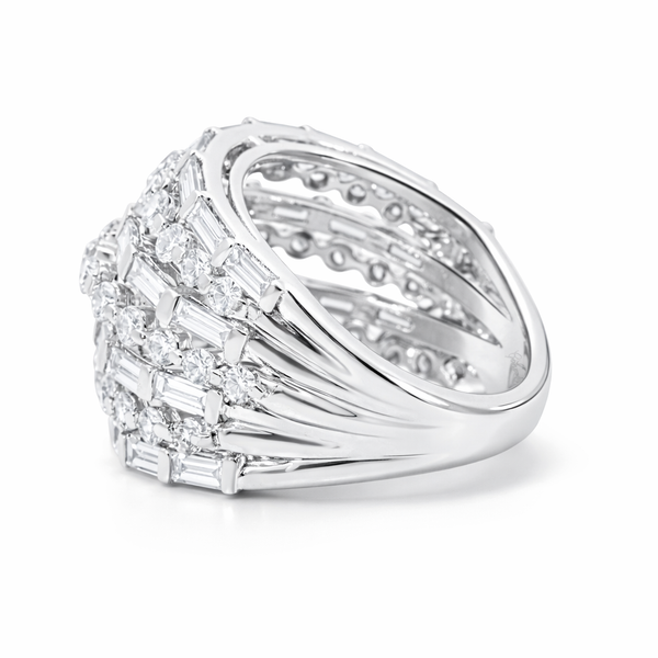18K White Gold Round & Baguette 7-Row Diamond Ring (4.43 ct) - LA DIAMOND